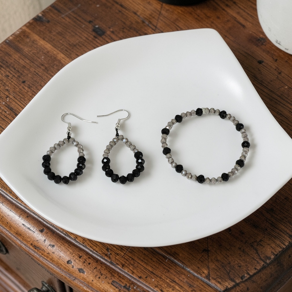 Handmade Grey And Black Seed Bead Bracelet And Earring Set